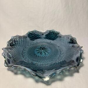 Indiana Glass Vintage Blue Iridescent Carnival Glass Diamond Ruffle Dish Bowl